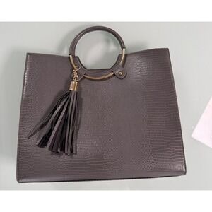 Crossi Structured Tote Handbag Faux Croc Leather Gray with Tassel Round handle